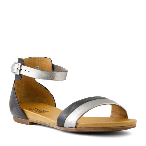 Miz Mooz Shoes - Miz Mooz 40 Atlantic Black Silver Metallic Leather Ankle Strap Flat Sandal 9 new